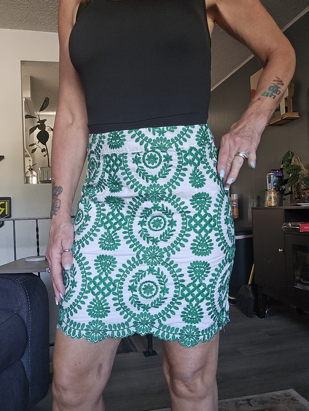 Women’s White Skirt with Green Embroidered Pattern